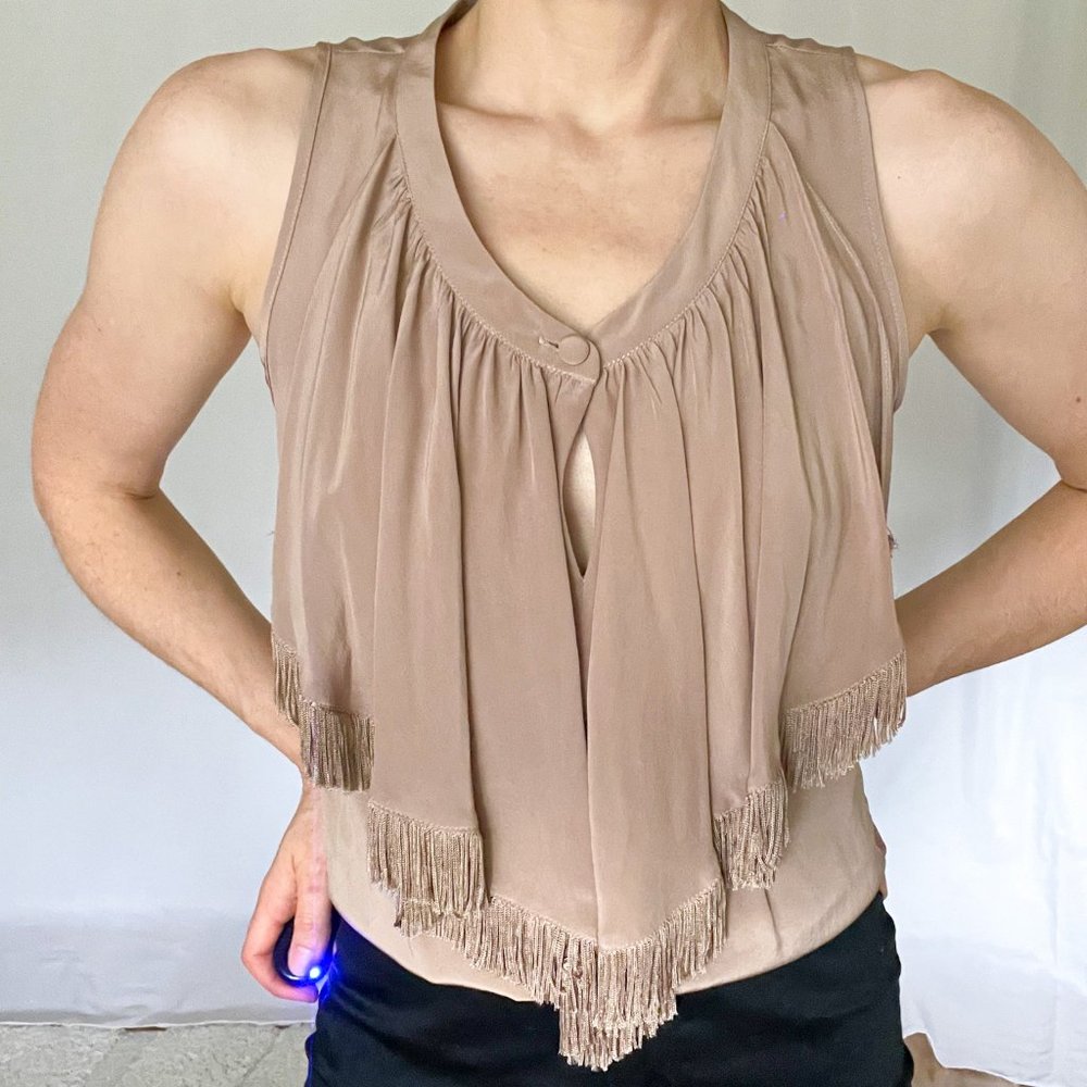 Central Park West Fringe Detail Silky Tank Blouse for Office or a Night Out
